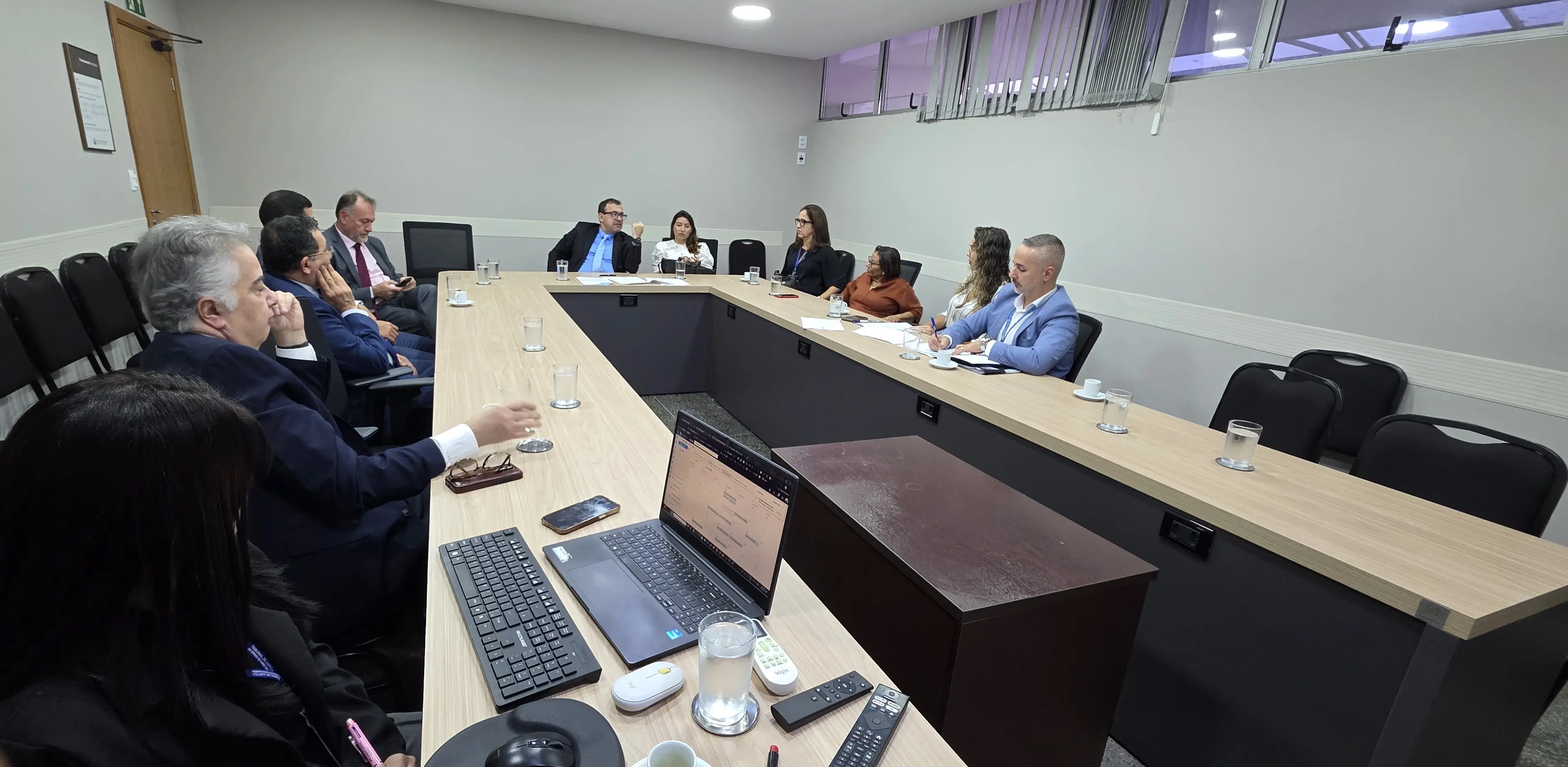 Os participantes estão sentados ao redor de uma mesa em formato de 