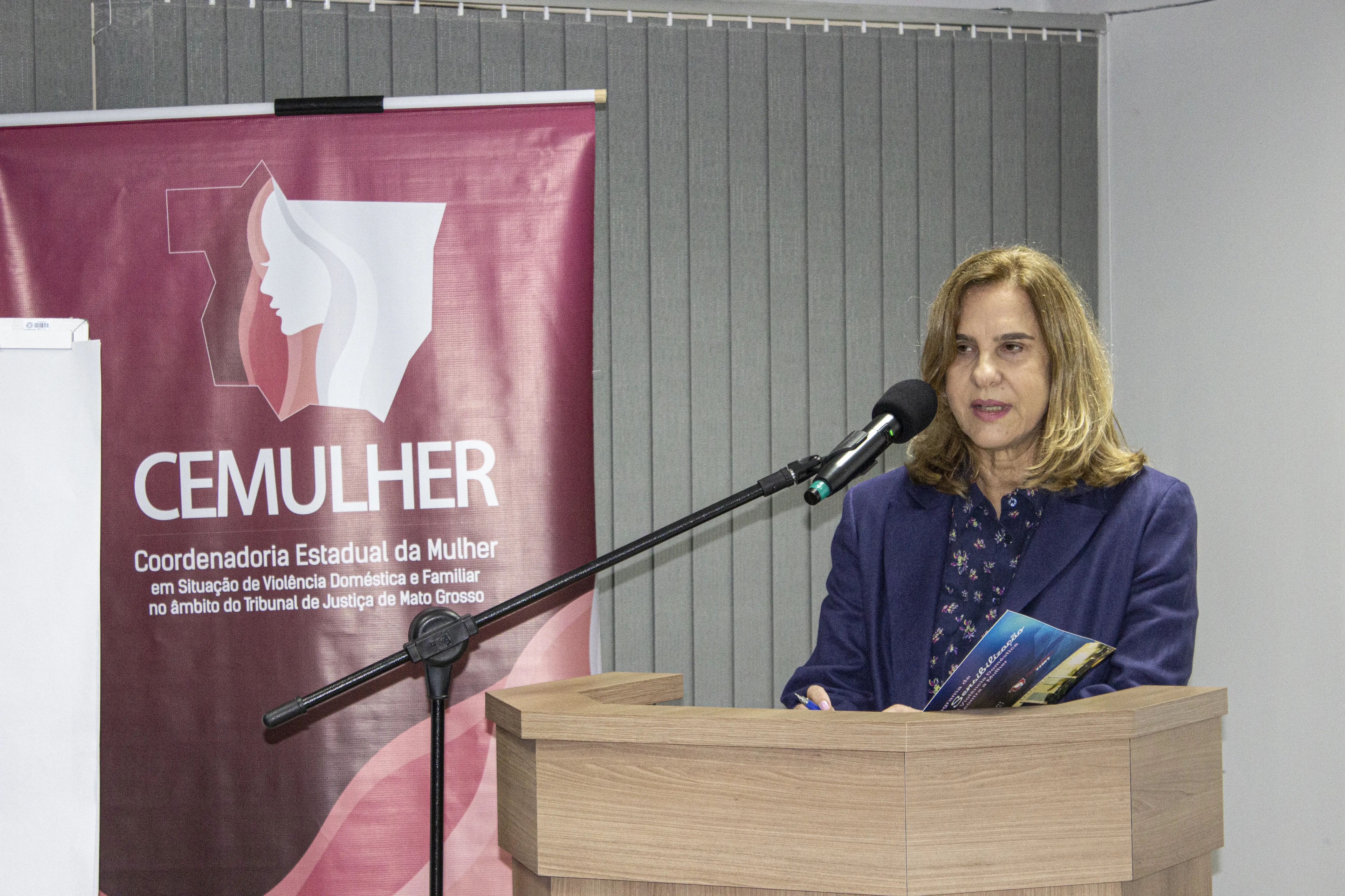 Mulher fala em púlpito de madeira ao lado de banner da CEMULHER. Segura um folheto enquanto utiliza microfone em ambiente interno com persianas ao fundo.