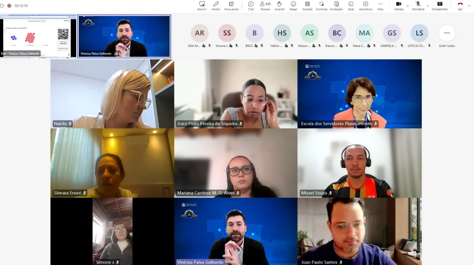 Captura de tela da capacitação virtual sobre inteligência artificial aplicada aos Juizados Especiais. Na parte superior, o juiz Vinicius Paiva Galhardo. Ao centro aparecem pequenas janelas com outros participantes da capacitação, identificados pelos nomes exibidos nas respectivas câmeras.