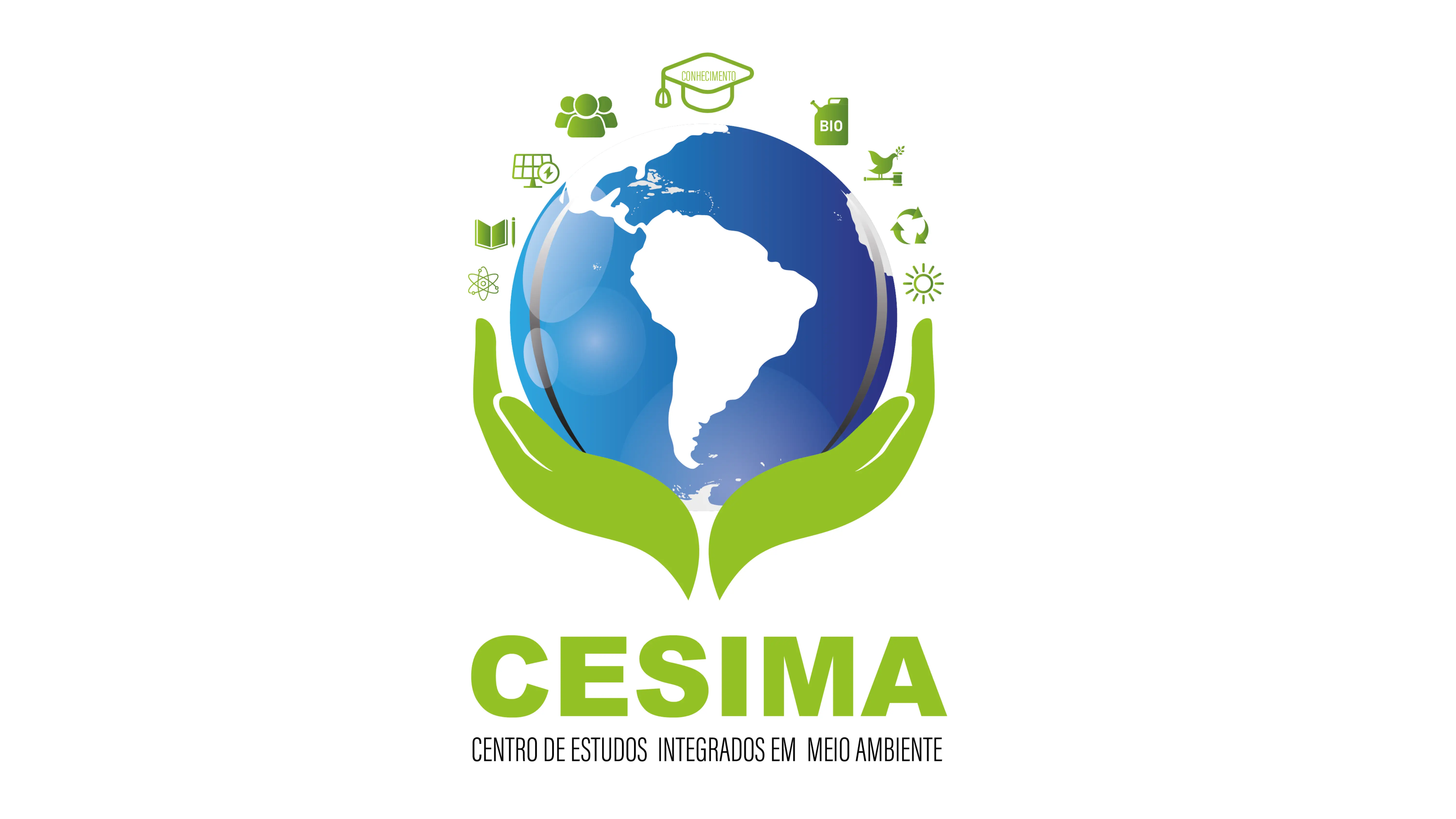 Logotipo com fundo branco apresenta globo terrestre estilizado em azul e verde, envolvido por formas que lembram folhas. Abaixo, a palavra CESIMA aparece em destaque com tipografia moderna.