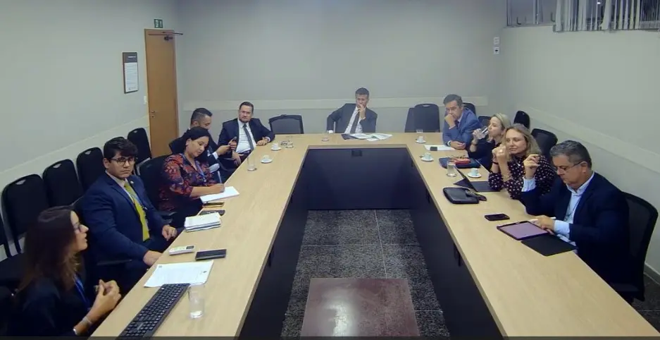 Pessoas em trajes formais sentadas ao redor de uma grande mesa em formato de U em sala de reuniões clara. Uma mulher no canto esquerdo inferior fala, enquanto os demais prestam atenção.