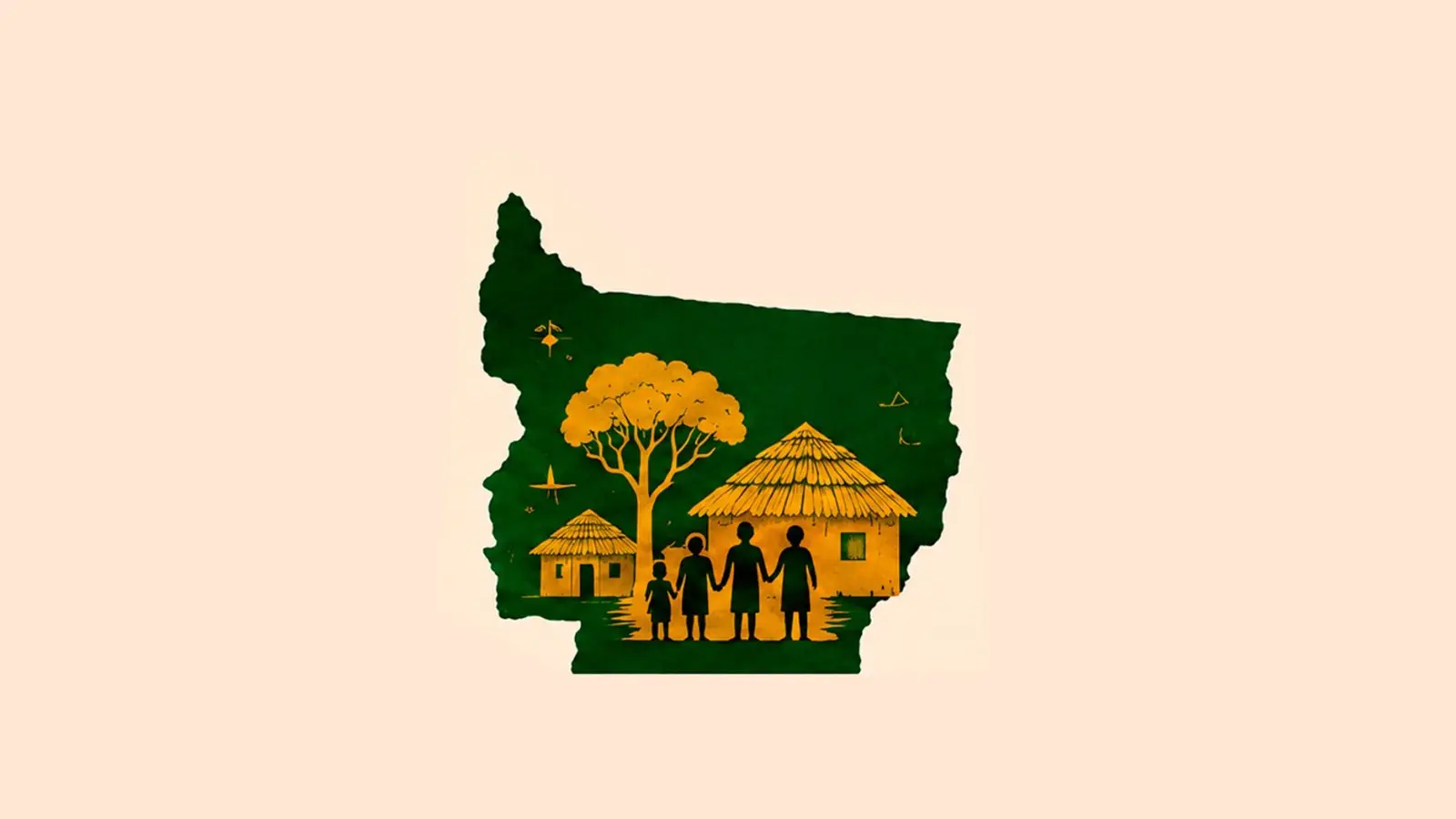 Ilustração em fundo bege com o mapa de Mato Grosso em verde-escuro. Dentro dele, silhuetas amarelas de duas ocas, uma árvore e quatro pessoas indígenas de mãos dadas, simbolizando comunidade.