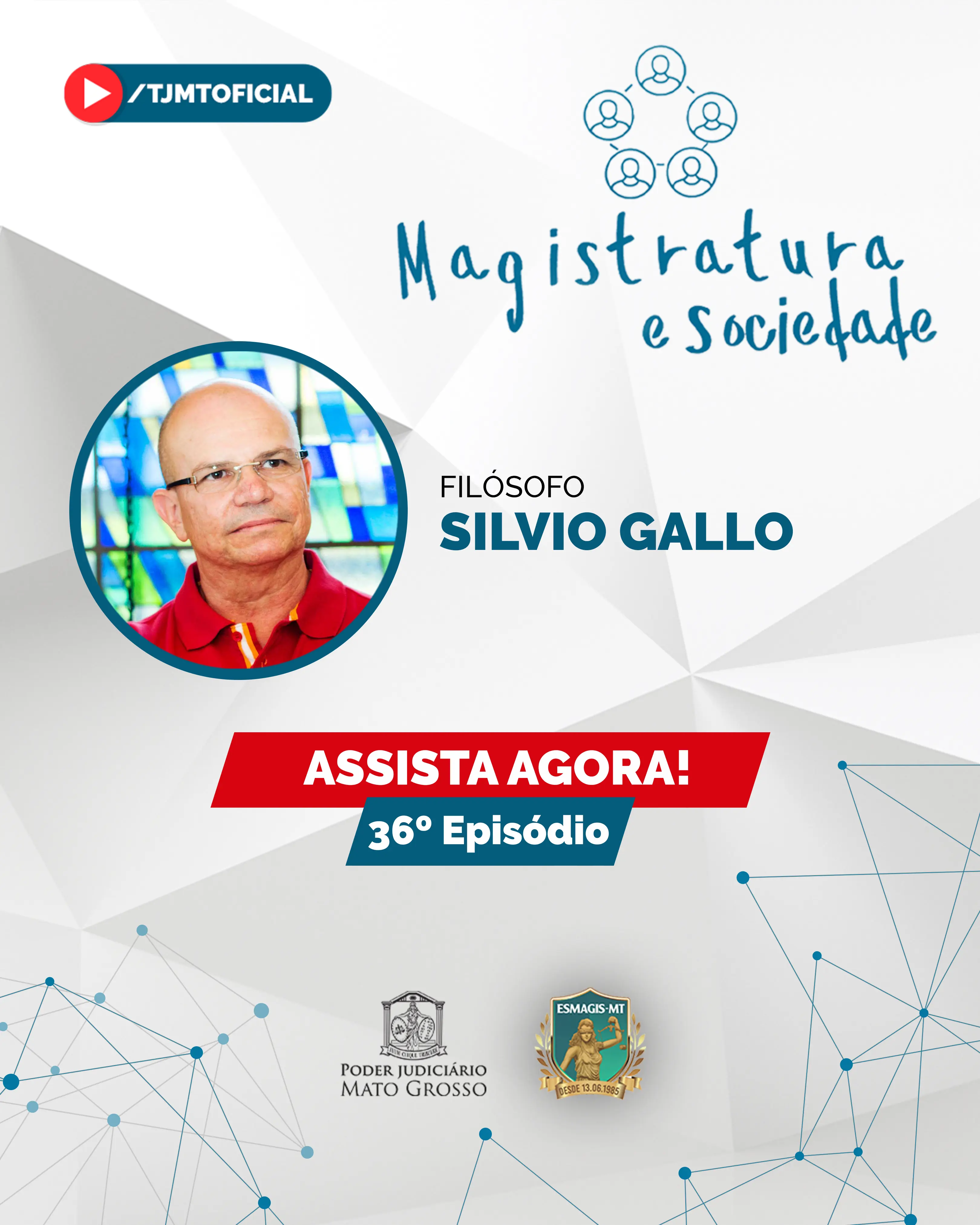 Cartaz digital com a foto de um homem calvo e de óculos em um círculo. Traz o texto 