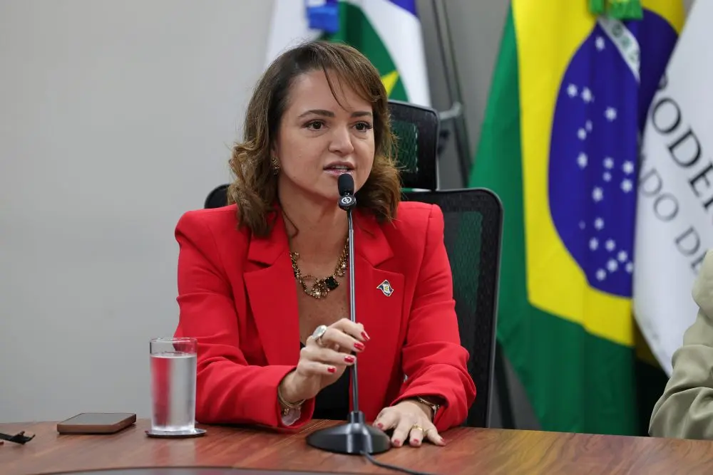Foto horizontal que mostra a secretária de Estado de Meio Ambiente, Mauren Lazzaretti, sentada e falando ao microfone. Ela é uma mulher de pele clara, cabelos castanhos na altura dos ombros, usando terno vermelho. Atrás dela, há mastros com bandeiras do Brasil, de Mato Grosso e do Poder Judiciário.