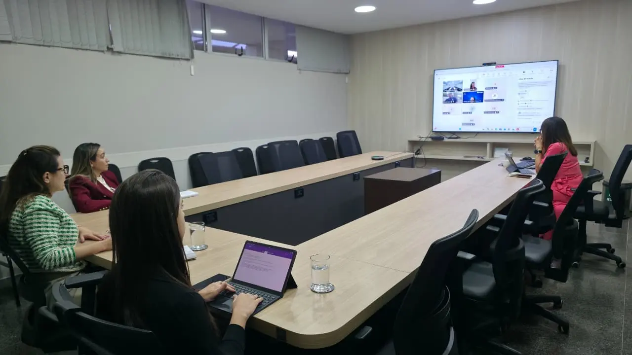 Os participantes estão distribuídos em torno de uma mesa em formato de 